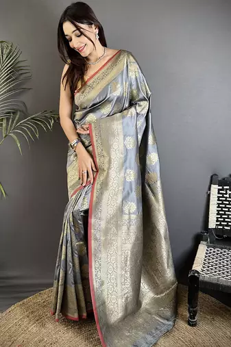 grey soft lichi silk blend ethnic floral motifs banarasi saree