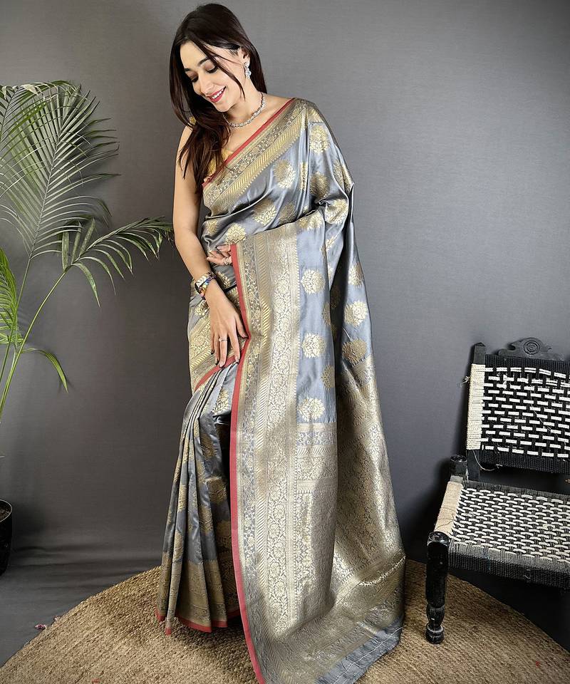 grey soft lichi silk blend ethnic floral motifs banarasi saree