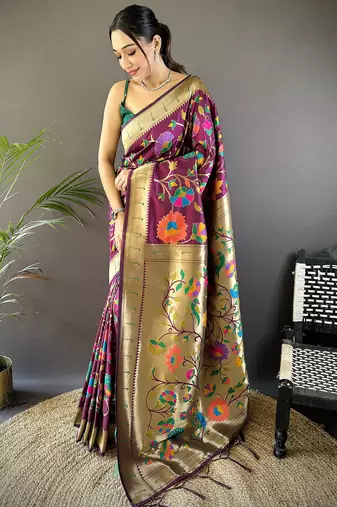 wine soft silk blend zari woven floral motifs paithani saree