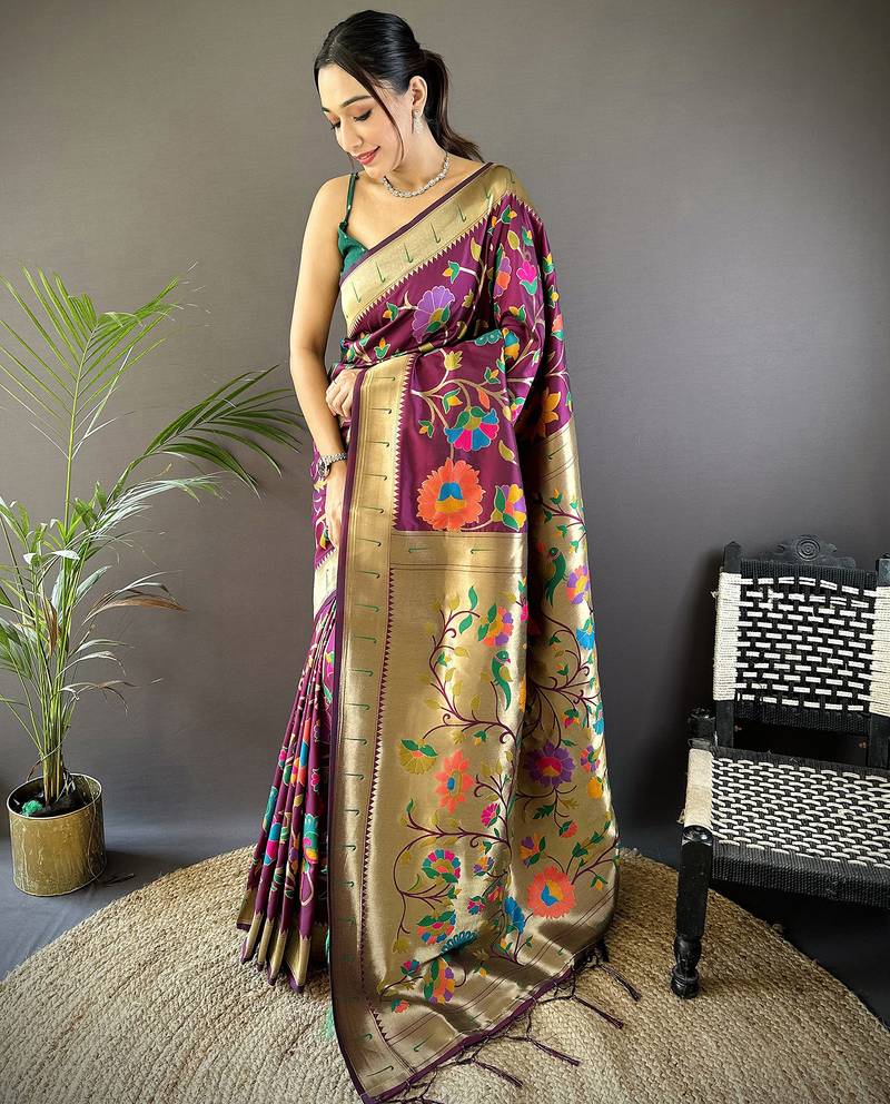 wine soft silk blend zari woven floral motifs paithani saree