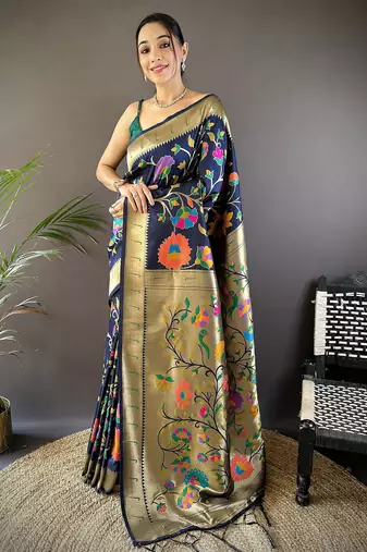 navy blue soft silk blend zari woven floral motifs paithani saree