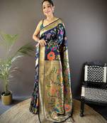 navy blue soft silk blend zari woven floral motifs paithani saree