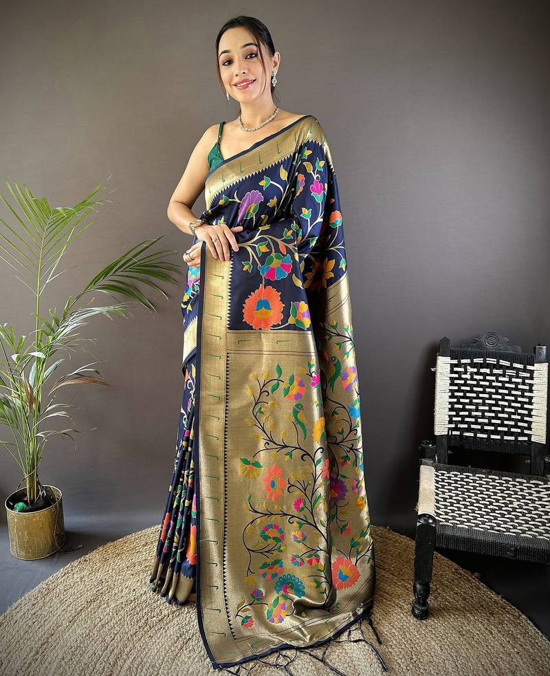 navy blue soft silk blend zari woven floral motifs paithani saree