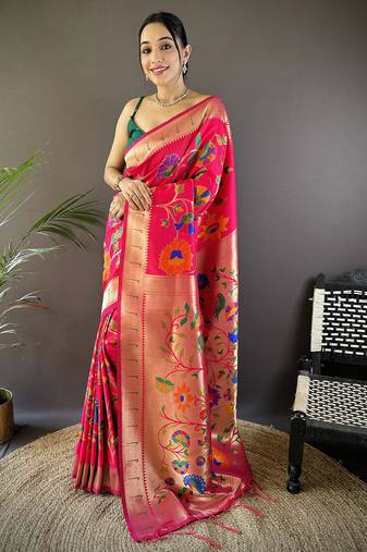 pink soft silk blend zari woven floral motifs paithani saree