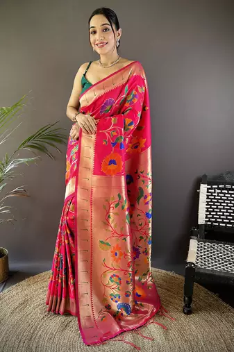 pink soft silk blend zari woven floral motifs paithani saree