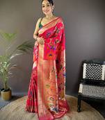 pink soft silk blend zari woven floral motifs paithani saree