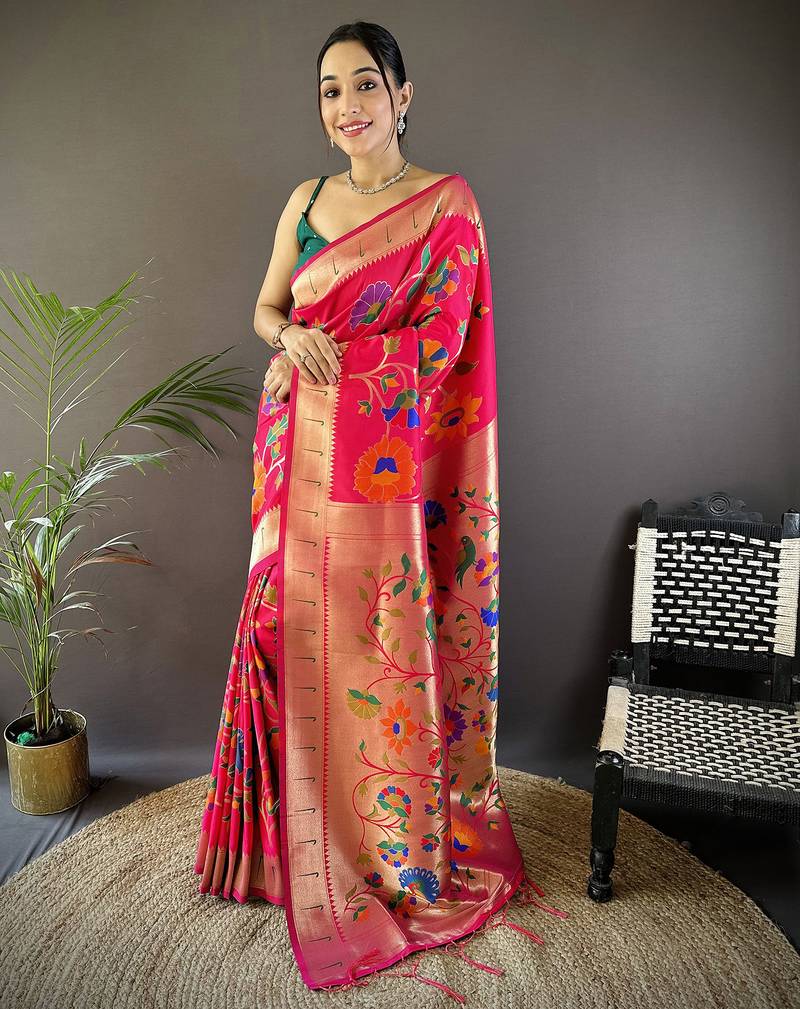 pink soft silk blend zari woven floral motifs paithani saree