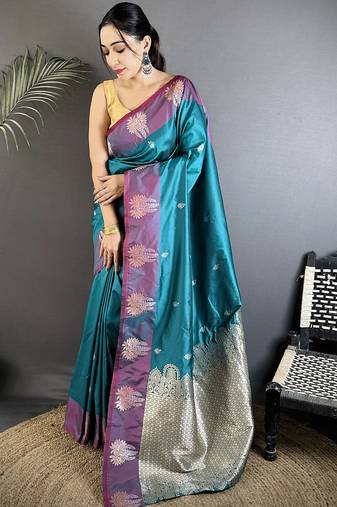 teal soft silk blend small butti jacquard zari weaving banarasi saree