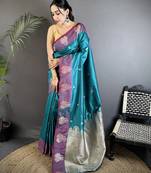 teal soft silk blend small butti jacquard zari weaving banarasi saree