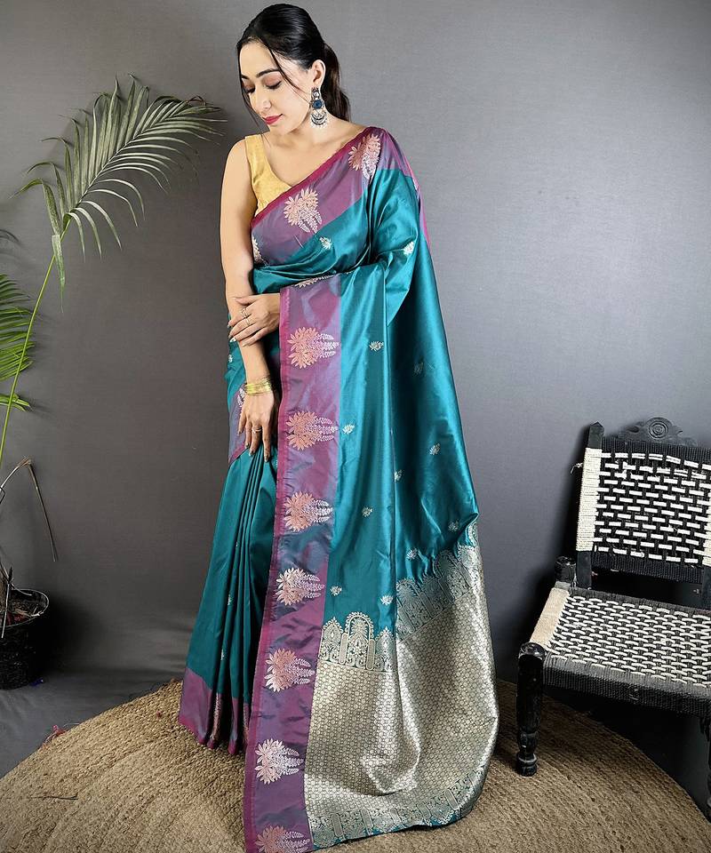 teal soft silk blend small butti jacquard zari weaving banarasi saree