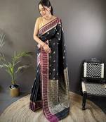 black lichi silk blend jacquard zari woven motifs banarasi saree