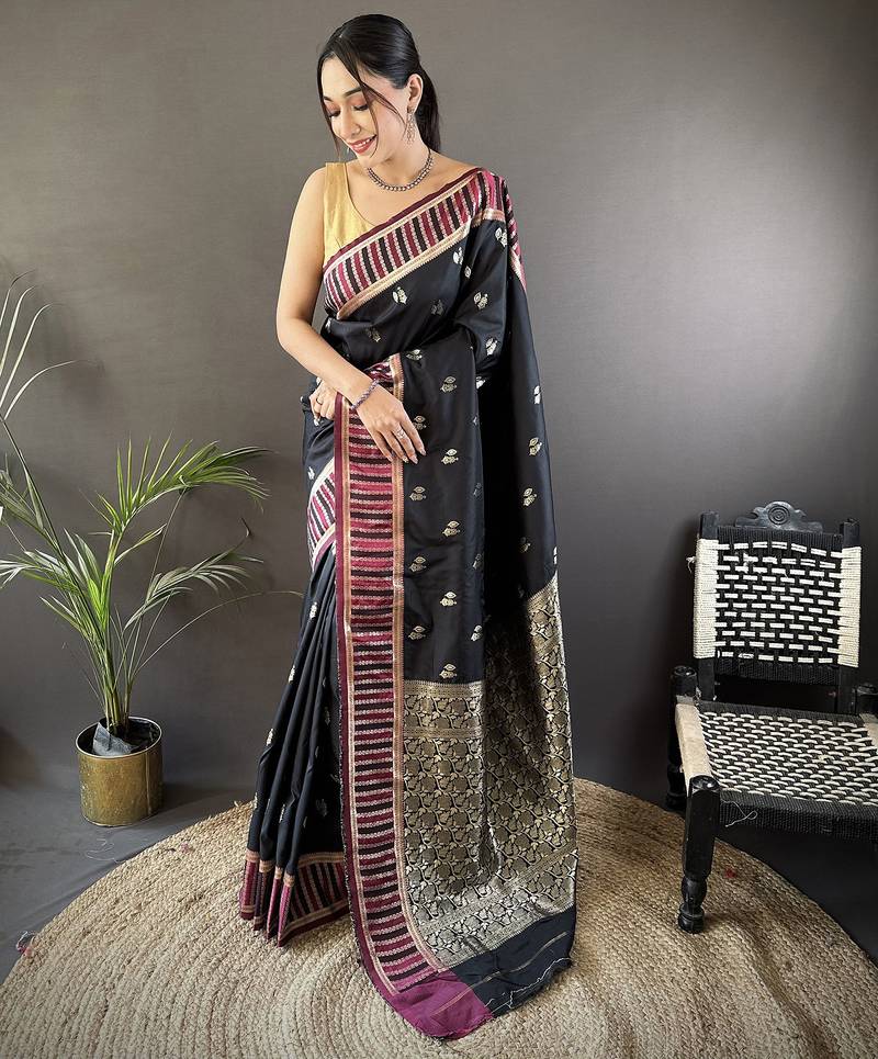 black lichi silk blend jacquard zari woven motifs banarasi saree