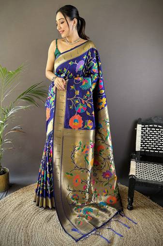 blue soft silk blend zari woven floral motifs paithani saree