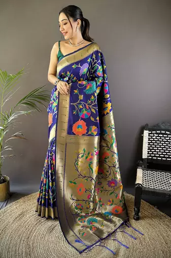 blue soft silk blend zari woven floral motifs paithani saree