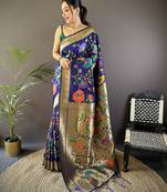 blue soft silk blend zari woven floral motifs paithani saree