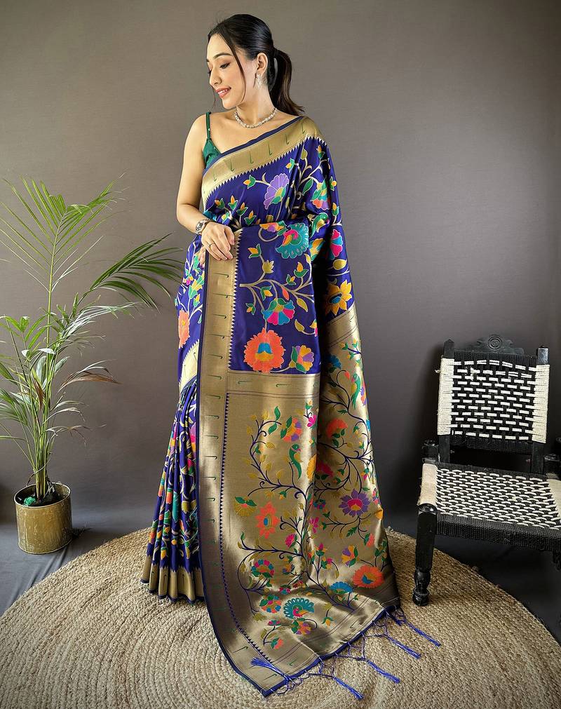 blue soft silk blend zari woven floral motifs paithani saree