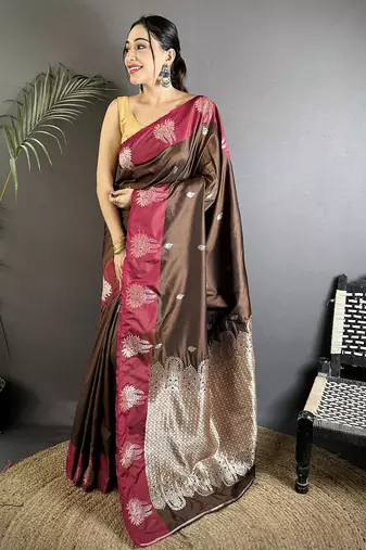 brown soft silk blend small butti jacquard zari weaving banarasi saree