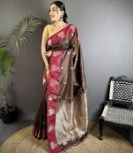 brown soft silk blend small butti jacquard zari weaving banarasi saree