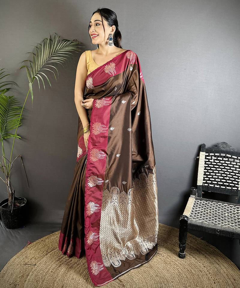brown soft silk blend small butti jacquard zari weaving banarasi saree