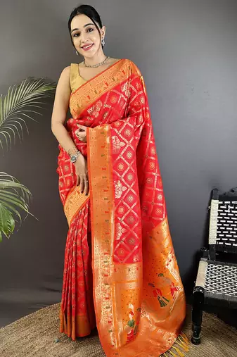 red soft silk blend geomatric zari woven patola saree