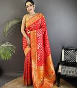 red soft silk blend geomatric zari woven patola saree