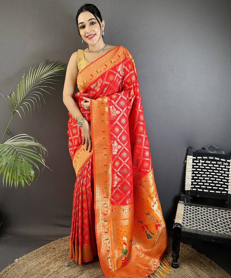 red soft silk blend geomatric zari woven patola saree