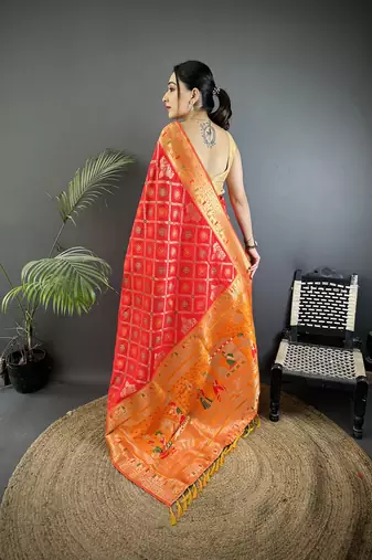 red soft silk blend geomatric zari woven patola saree