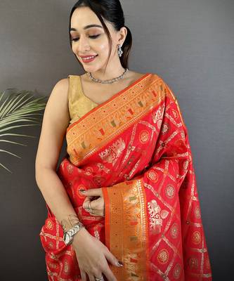 red soft silk blend geomatric zari woven patola saree 3