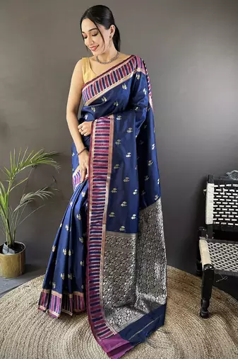 royal blue lichi silk blend jacquard zari woven motifs banarasi saree