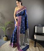 royal blue lichi silk blend jacquard zari woven motifs banarasi saree