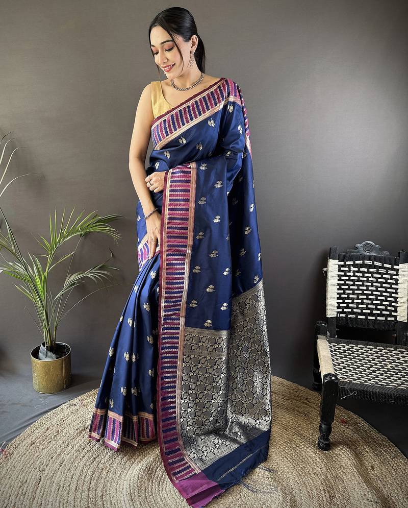 royal blue lichi silk blend jacquard zari woven motifs banarasi saree