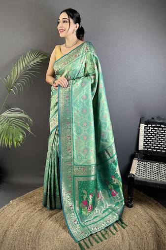 aqua green soft silk blend geomatric zari woven patola saree
