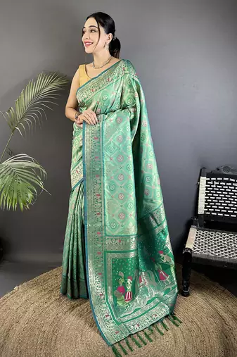 aqua green soft silk blend geomatric zari woven patola saree