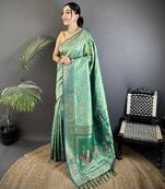 aqua green soft silk blend geomatric zari woven patola saree