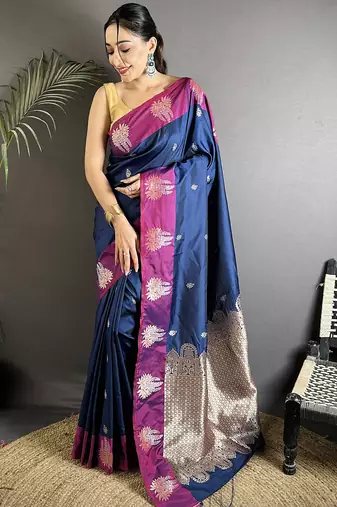 royal blue soft silk blend small butti jacquard zari weaving banarasi saree
