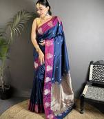 royal blue soft silk blend small butti jacquard zari weaving banarasi saree