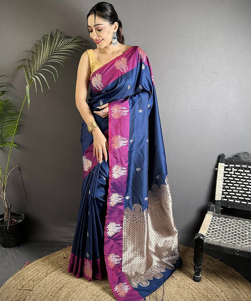 royal blue soft silk blend small butti jacquard zari weaving banarasi saree