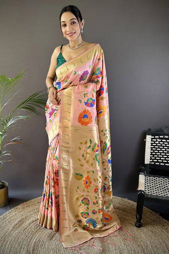 peach soft silk blend zari woven floral motifs paithani saree