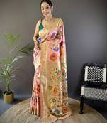 peach soft silk blend zari woven floral motifs paithani saree