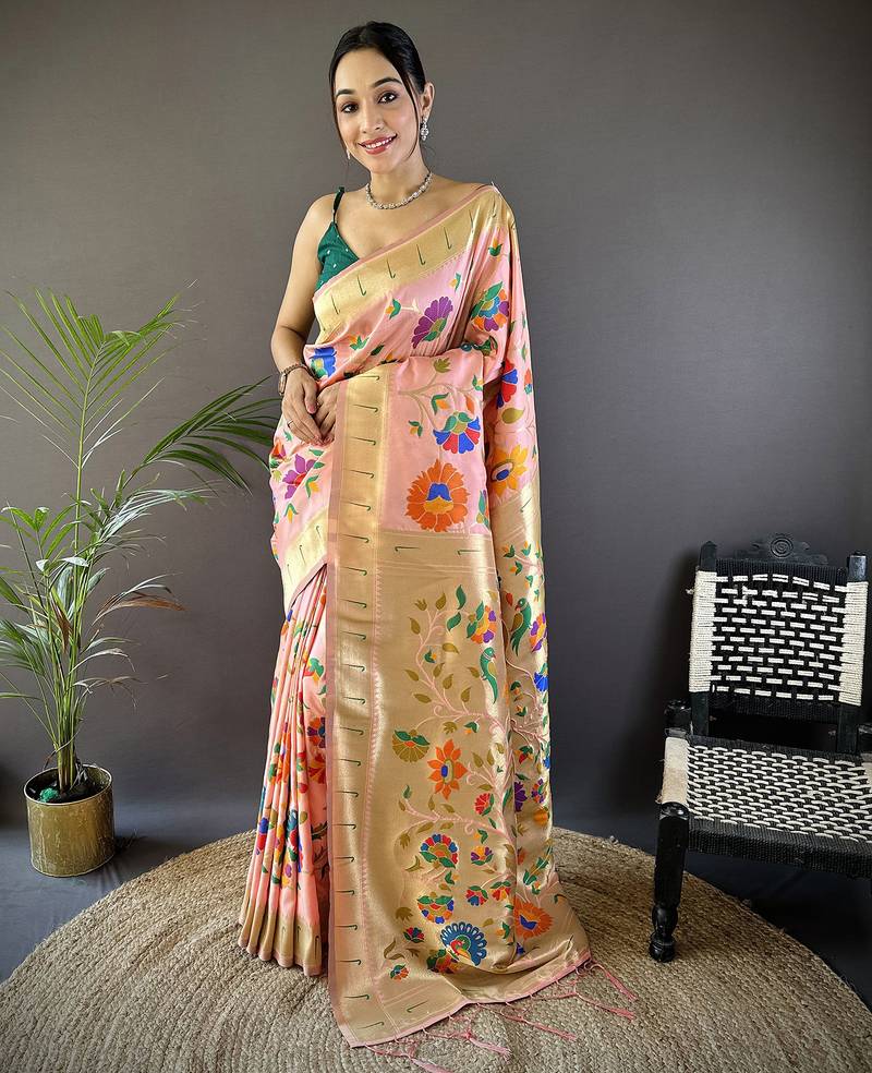 peach soft silk blend zari woven floral motifs paithani saree