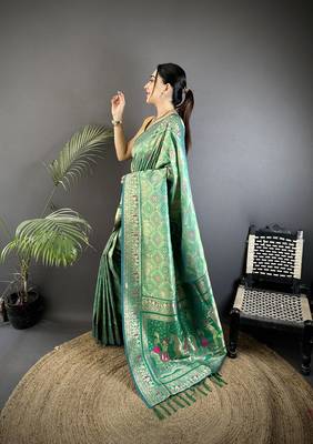 aqua green soft silk blend geomatric zari woven patola saree 2