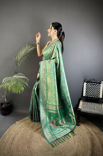 aqua green soft silk blend geomatric zari woven patola saree