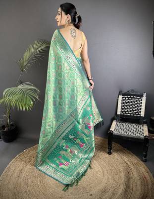 aqua green soft silk blend geomatric zari woven patola saree 3