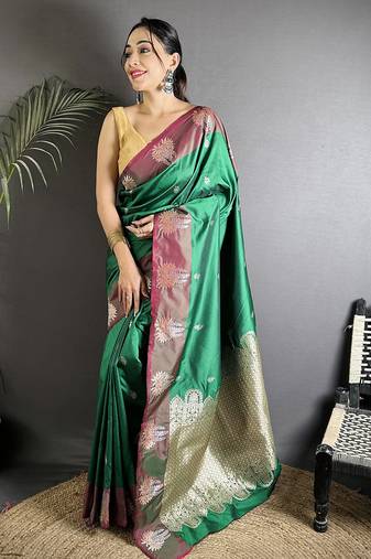 green soft silk blend small butti jacquard zari weaving banarasi saree
