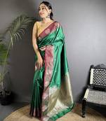 green soft silk blend small butti jacquard zari weaving banarasi saree