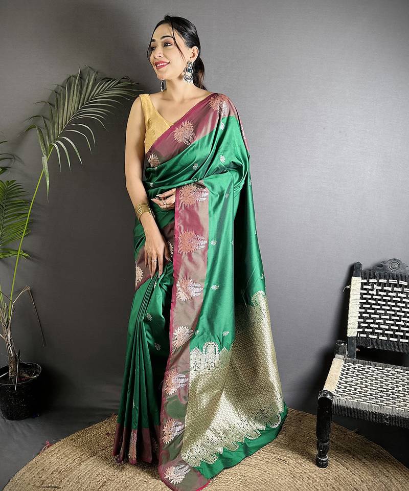green soft silk blend small butti jacquard zari weaving banarasi saree