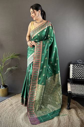green lichi silk blend jacquard zari woven motifs banarasi saree