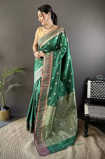 green lichi silk blend jacquard zari woven motifs banarasi saree