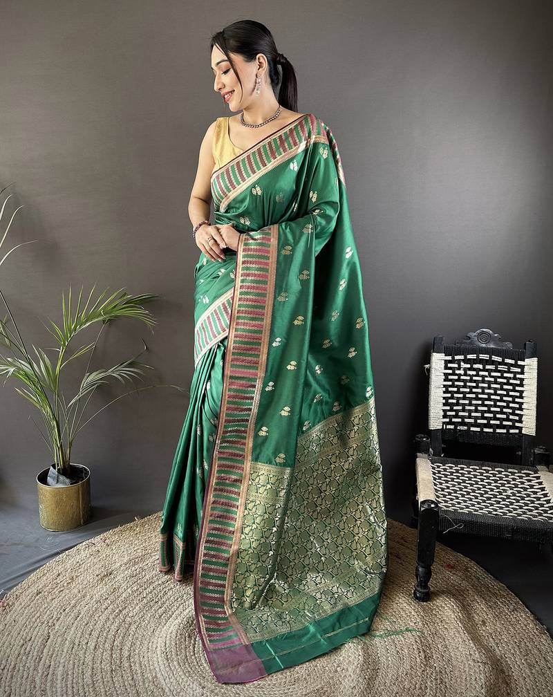 green lichi silk blend jacquard zari woven motifs banarasi saree