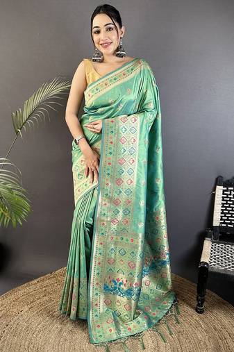 sea green soft silk blend geomatric zari woven patola saree